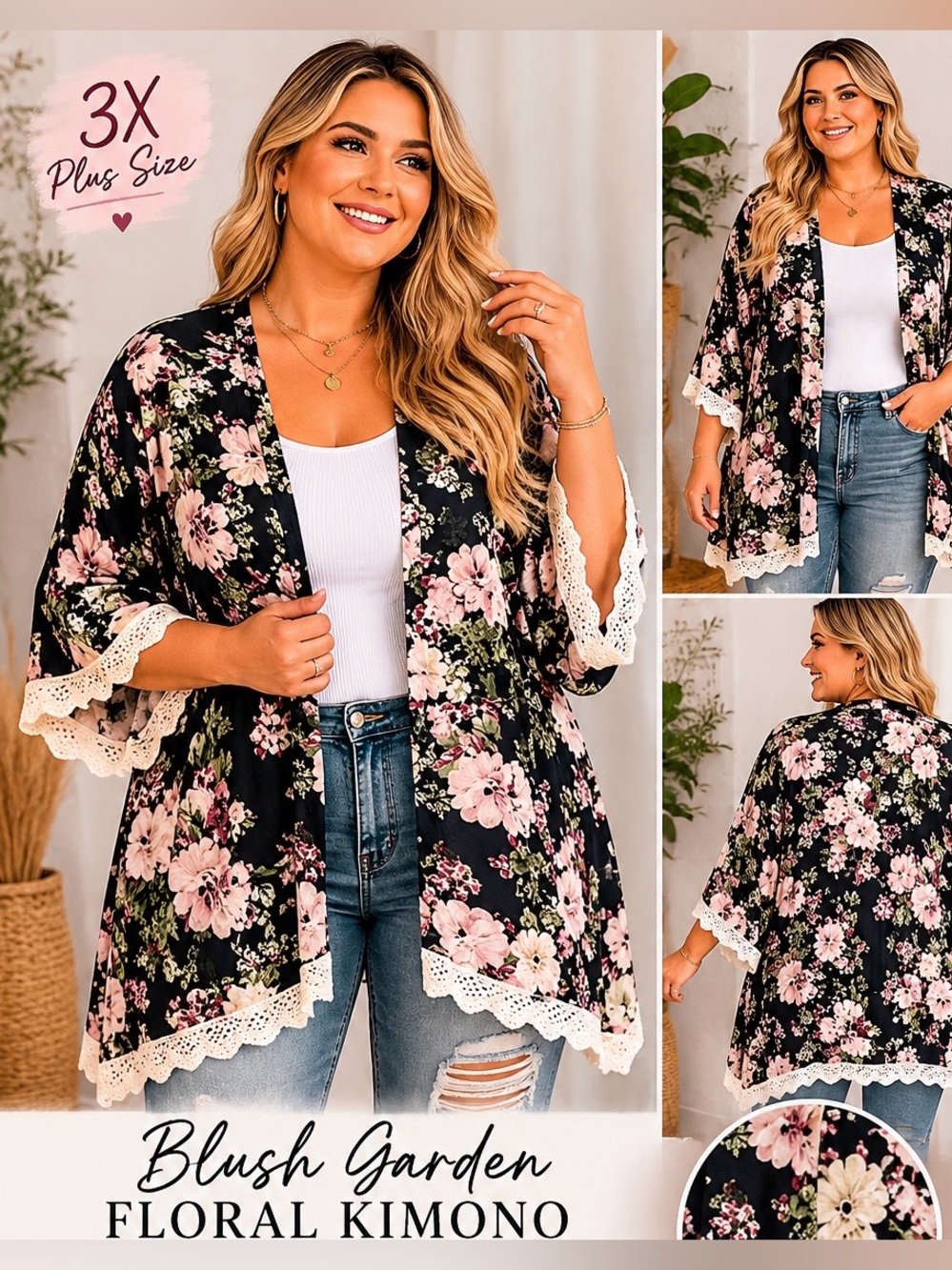 Liberty Love Black Floral Lace Trim Kimono Cardigan 3X Boho Open Front Cover Up